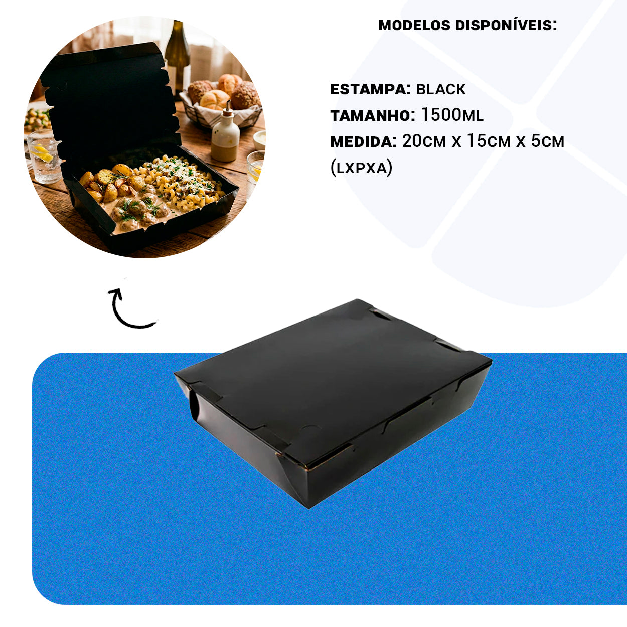 Box Refeição Black 1500ml com 3 Divisórias - PCT 50un