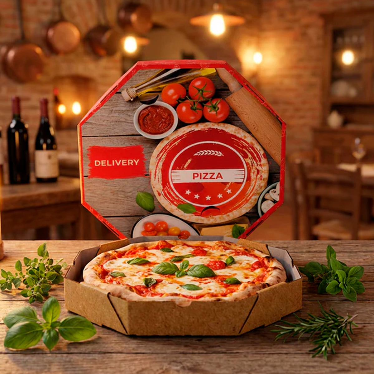 Caixa de Pizza Italianinha com Fundo Branco Octogonal 35cm - PCT 50un